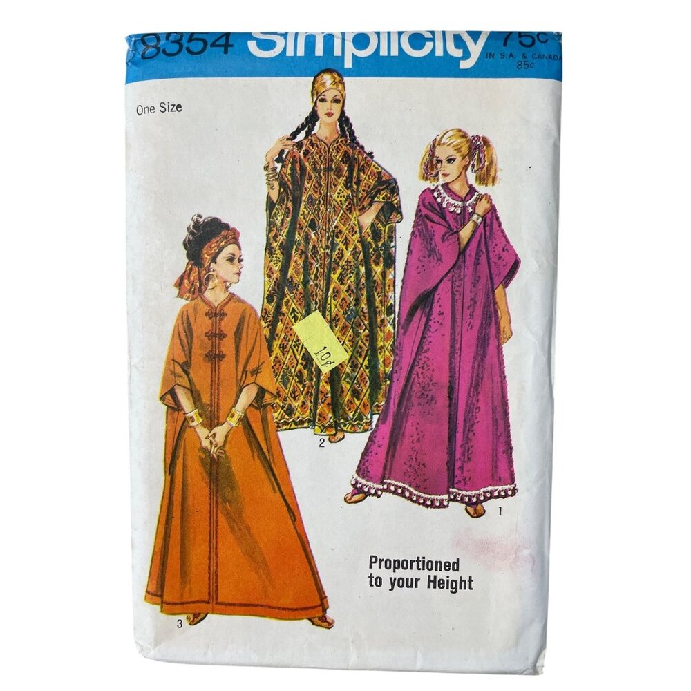60s Simplicity 8354 Misses Caftan Pattern One Size Four Pieces 1969 Vintage CUT